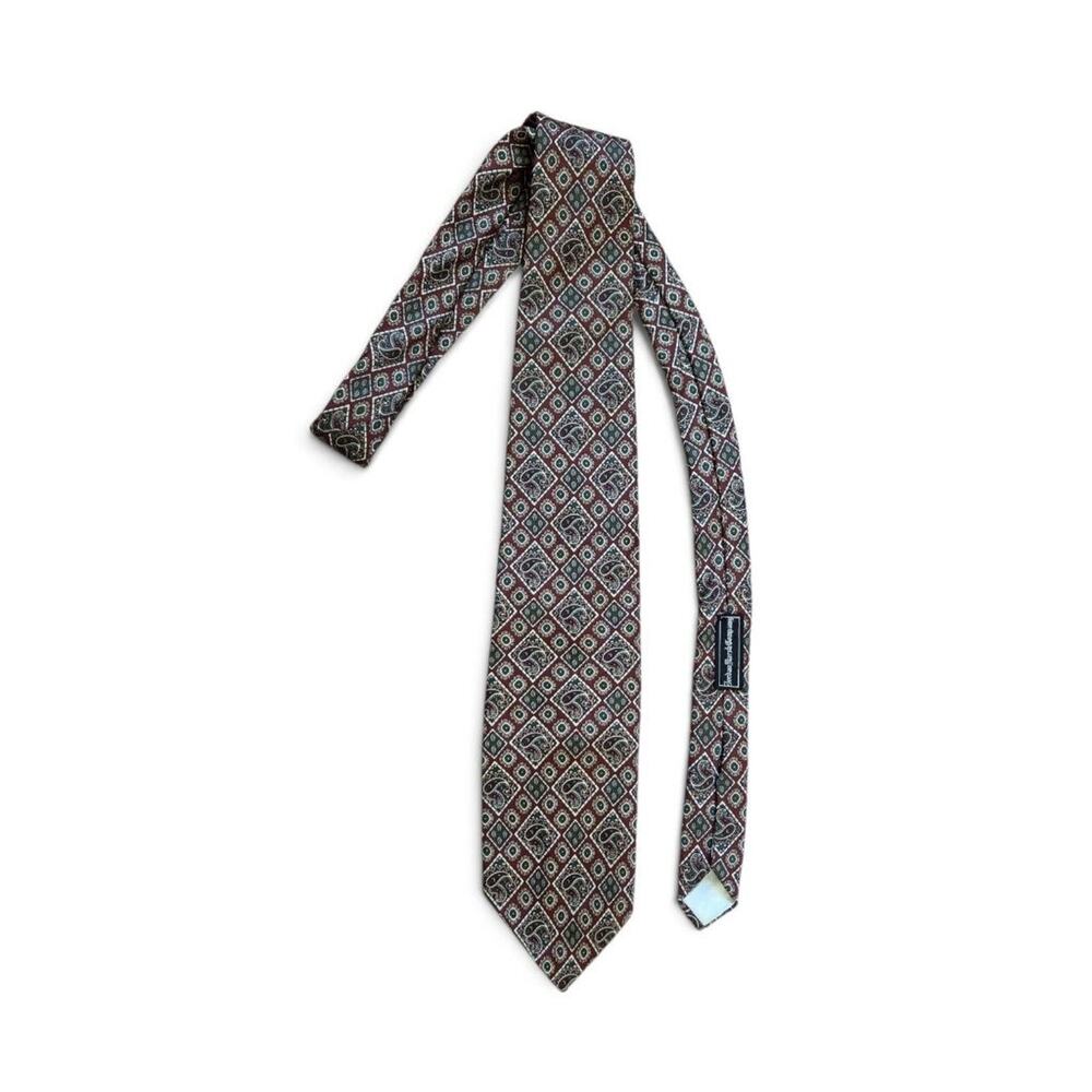 Christian Dior Cravates Silk Tie Burgundy Green Paisley Geometric Vintage